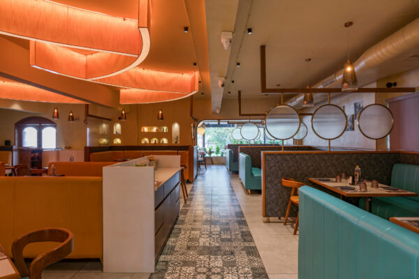 Decorative ceiling with neon accent lighting — 4 Cups Restaurant, Coimbatore