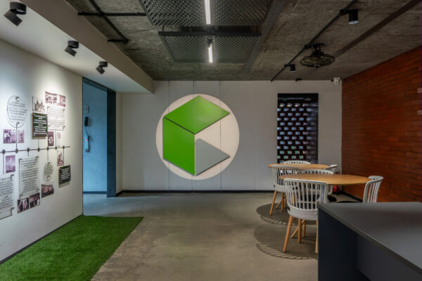 Reception area with branded feature wall — Cuboid co-working space, Coimbatore