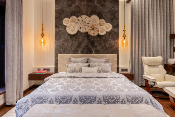 Bedroom with decorative pendant lighting and drapes — Dr. Subramaniam House, Namakkal