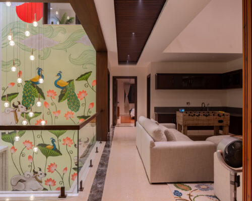 Dining area with floral ceiling detail and ambient lighting — Dr. Subramaniam House, Namakkal