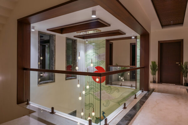 Entrance foyer with decorative flooring and feature ceiling — Dr. Subramaniam House, Namakkal