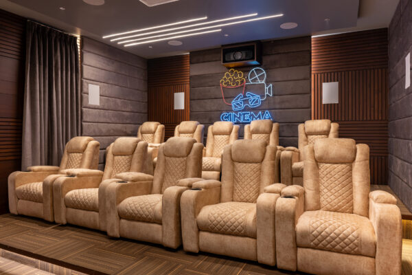 Private home theatre with tiered seating — Dr. Subramaniam House, Namakkal