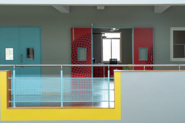 Classroom zone with colourful partition details — Elgi School, Coimbatore