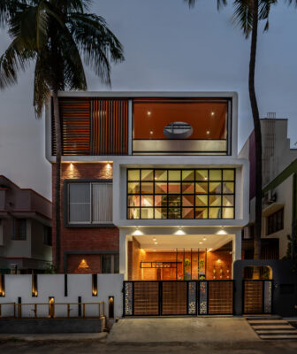 Luxury exterior night photography of The Garnet House Coimbatore