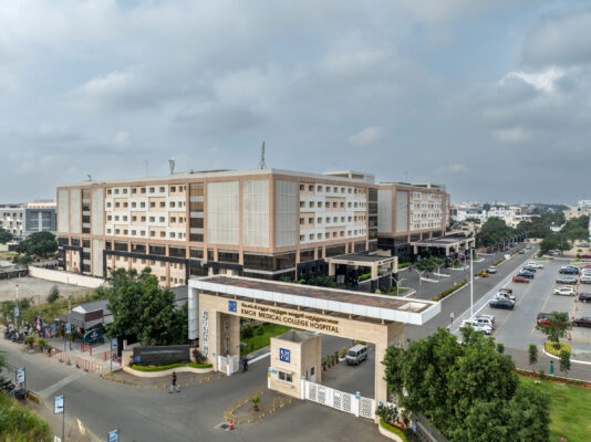 Aerial view of hospital building and surrounding grounds — KMCH, Coimbatore